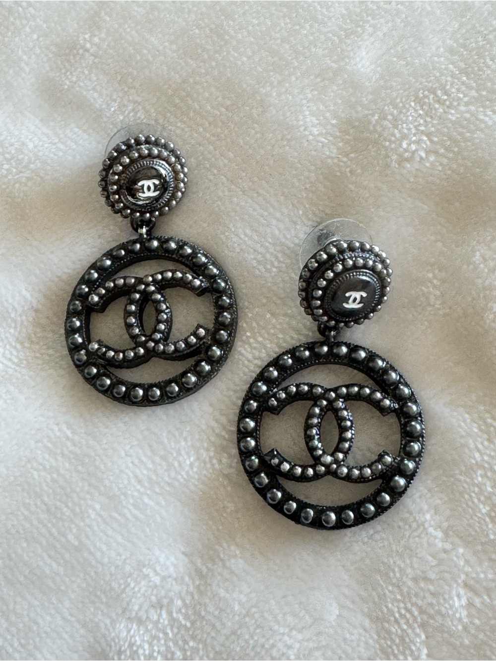 Chanel Logo Drop Earrings in Gunmetal with Box